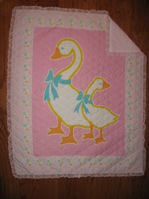 Image 0 of Duck Goose Geese Lightweight Fabric Crib Quilt with Lace