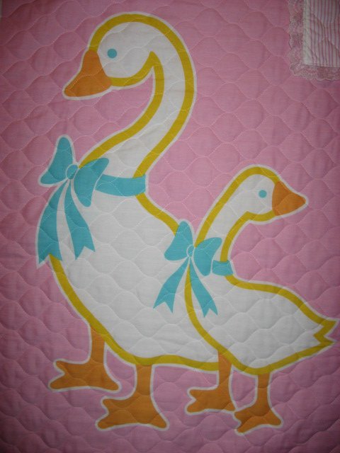 Image 1 of Duck Goose Geese Lightweight Fabric Crib Quilt with Lace