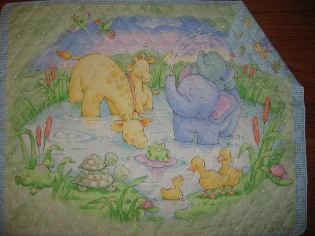 Image 0 of Little Pond Ducks Turtle Giraffes baby Cotton Quilted fabric blanket 