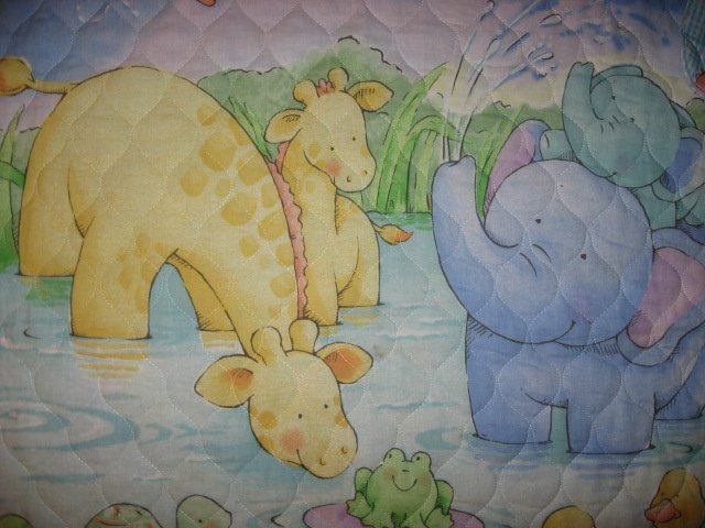 Image 1 of Little Pond Ducks Turtle Giraffes baby Cotton Quilted fabric blanket 