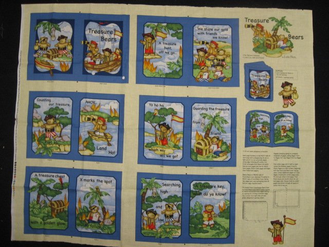 Teddy Bear Pirate treasure chest Fabric Soft Book Quilt or Wall Panel to sew