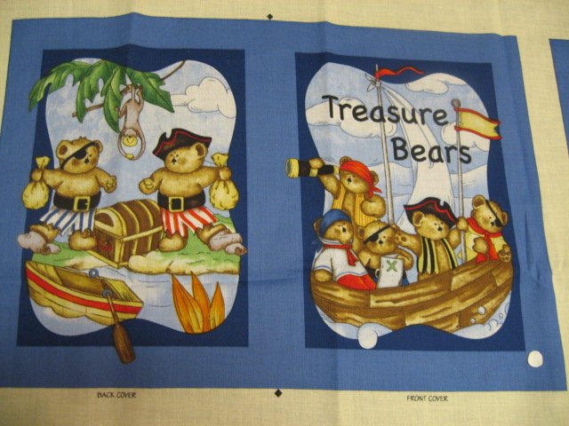 Image 1 of Teddy Bear Pirate treasure chest Fabric Soft Book Quilt or Wall Panel to sew