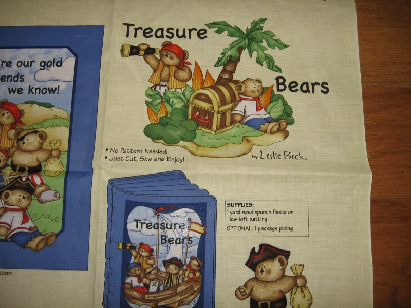 Image 2 of Teddy Bear Pirate treasure chest Fabric Soft Book Quilt or Wall Panel to sew