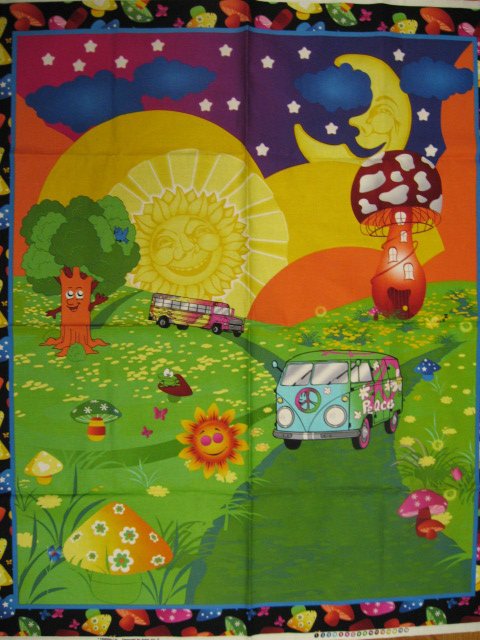 Image 0 of Peace Van Bus and Mushrooms Retro fabric wall panel to sew //