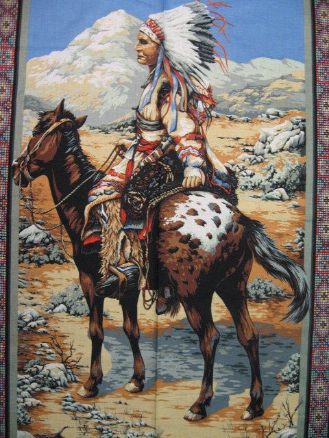 Image 2 of Southwest horse American Indian Chief  vintage  buffalo rare Fabric panel to sew