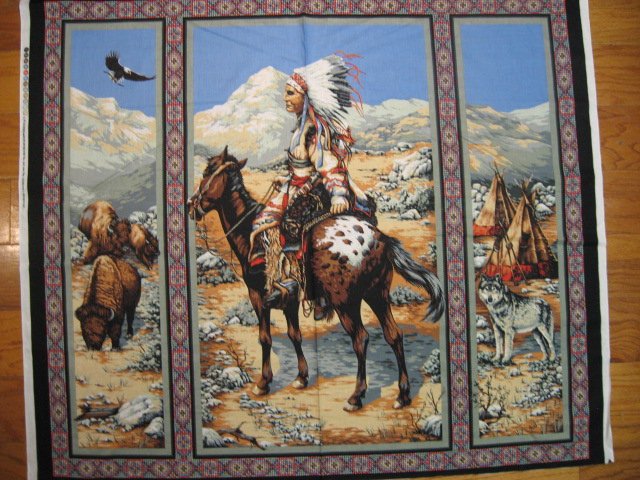 Image 0 of Southwest horse American Indian Chief  vintage  buffalo rare Fabric panel to sew