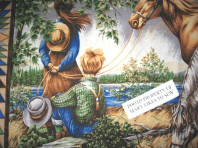 Image 1 of Southwest horses Boy and Girl Flying Geese border pattern Fabric panel to sew //