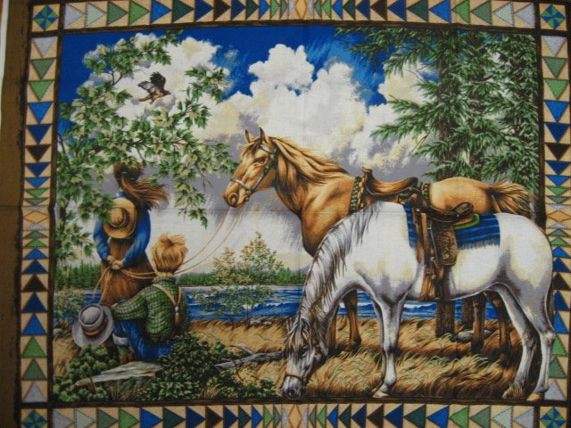 Image 0 of Southwest horses Boy and Girl Flying Geese border pattern Fabric panel to sew //