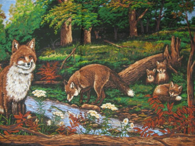 Fox family wildlife wall Hanging Quilt Panel Fabric to sew rare //