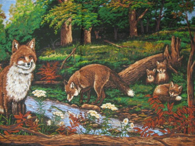 Image 0 of Fox family wildlife wall Hanging Fabric Panel to sew rare //