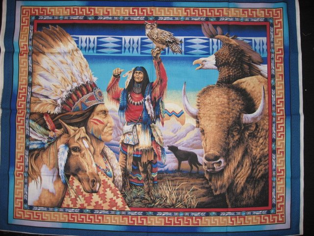 Image 1 of Southwest Indian Buffalo Eagle and Horse Fabric Wall Panel to sew