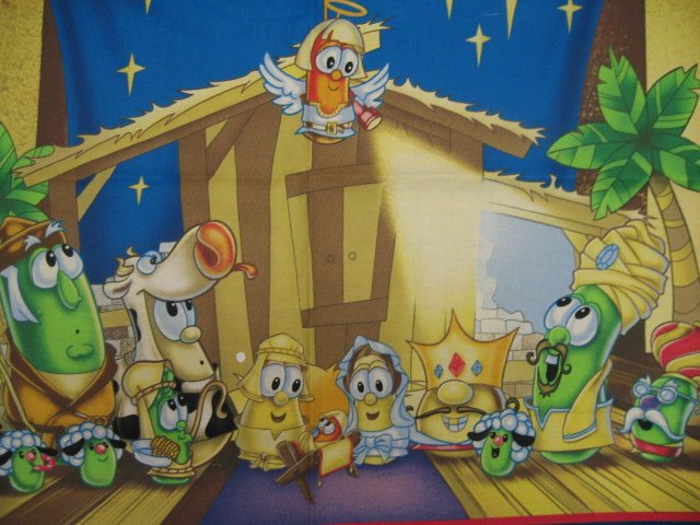 Image 1 of Veggie Tales Christmas Nativity Large Pretty Fabric Panel to sew