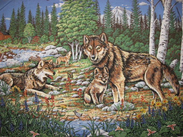 Image 1 of Eagle Wolf family Birch trees fabric wall panel to sew //