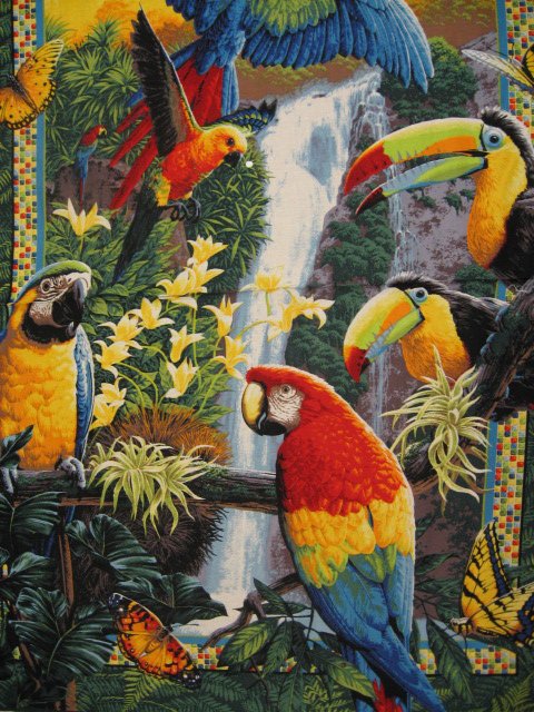 Image 1 of Parrots and tropical butterfly exquiscotton fabric wall quilt throw panel to sew