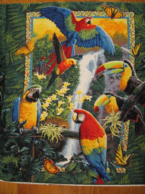 Parrots and tropical butterfly exquiscotton fabric wall quilt throw panel to sew
