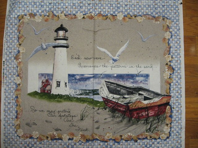 Image 1 of Lighthouse Boat sea gulls shells ocean fabric wall panel to sew //