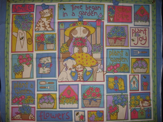 Image 0 of Garden girl with flowers cat and dog Fabric wall panel to sew //