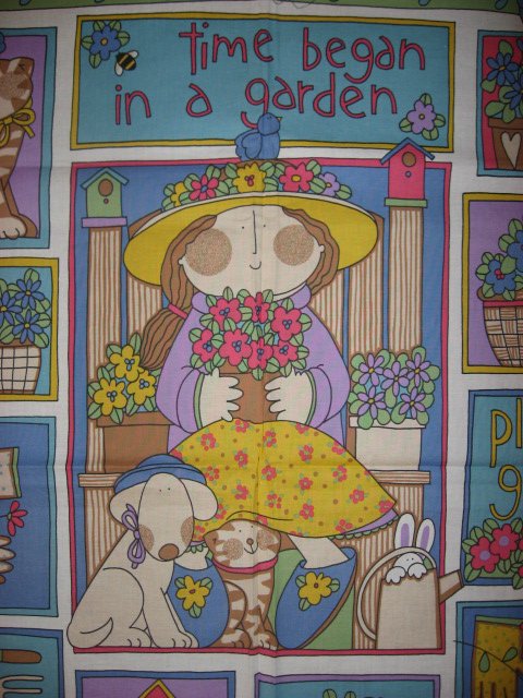Image 1 of Garden girl with flowers cat and dog Fabric wall panel to sew //