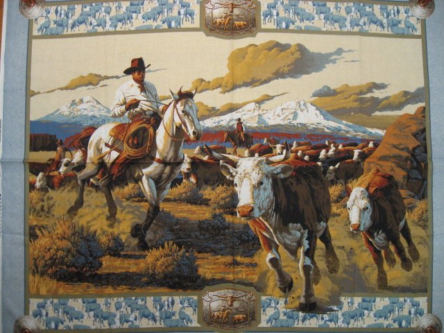 Image 0 of Cowboy Horse and Cattle Southwest concho fabric wall panel to sew /