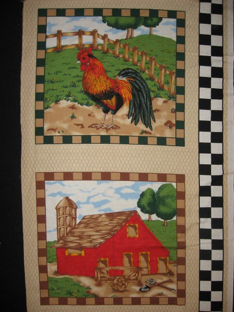 Rooster and Barn on a Farm checks border Fabric Pillow Panel set of two  