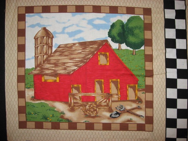 Image 1 of Rooster and Barn on a Farm checks border Fabric Pillow Panel set of two  