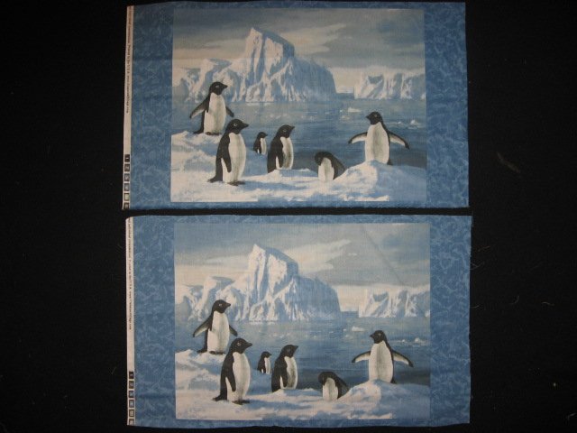 Artist Hautman Six Penguins on Ice Two rectangular Fabric Pillow Panels to sew
