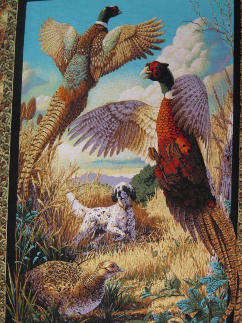 Pheasant and hunting Dog cotton fabric Pillow and Wall panel set to sew //