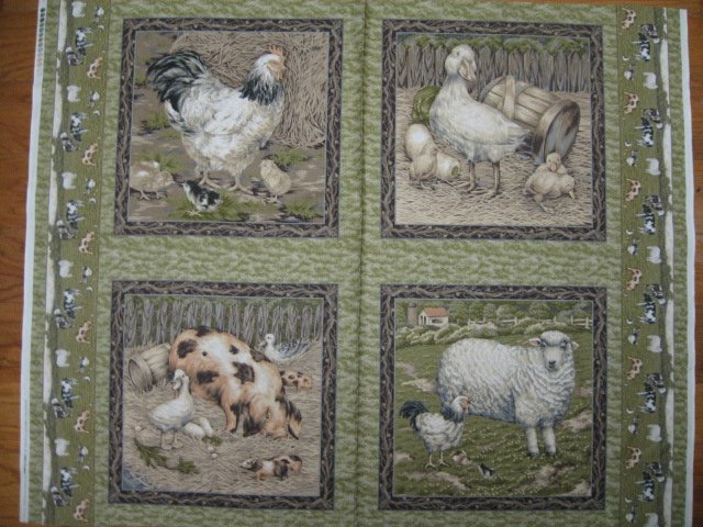 Chicken Pig Duck Sheep Lamb olive green Fabric Pillow Panel set of four