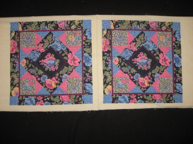 Image 0 of Pink blue flowers cheater fabric pillow panel set of two to sew