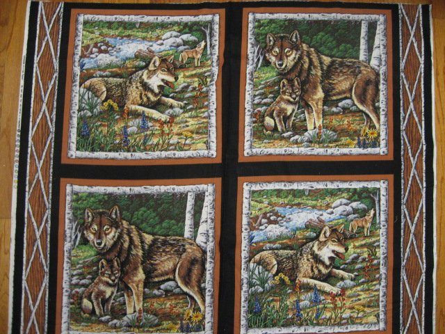 Four Fabric wolf Pillow Panels set with wolves in the Birch Woods quilt sewing