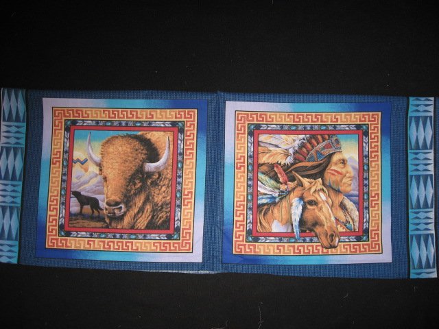 Image 0 of Indian chief horse and Buffalo with wolf Southwest two Fabric Pillow Panels 