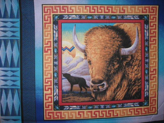 Image 1 of Indian chief horse and Buffalo with wolf Southwest two Fabric Pillow Panels 