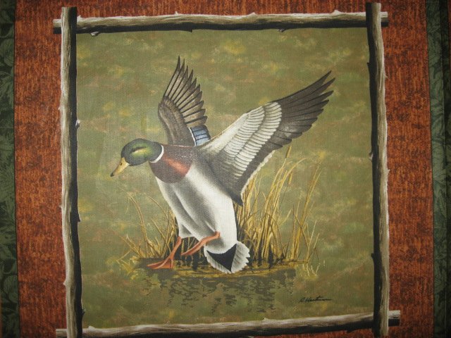 Image 2 of Hautman wood duck on a log in a lake Fabric 4 Pillow Panel set to sew