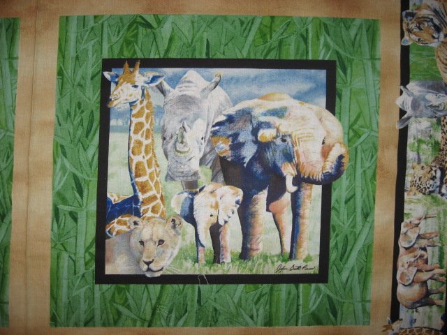 Image 1 of Tiger Lion Giraffe Elephant Rhino green Fabric Pillow Panels Set of four to sew