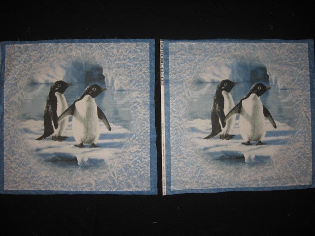 Artist Hautman two penguins on ice with glitter fabric Two pillow panels to sew