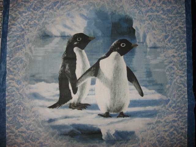 Image 1 of Artist Hautman two penguins on ice with glitter fabric Two pillow panels to sew