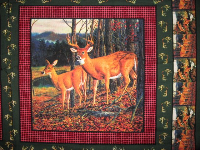 Image 1 of Deer running in the woods cotton fabric pillow panel set of four to sew