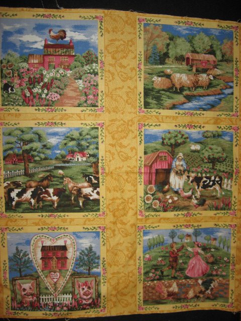 Country scenes with flowers fabric panel set of Six different squares