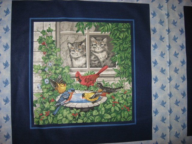 Image 1 of Cat Cardinal Robin and Bluebird two Fabric Pillow Panels Set of two to sew