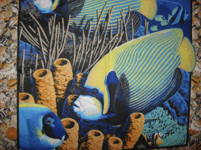 Image 1 of Spiney fish Sea Ocean shells and coral fabric pillow panels to sew