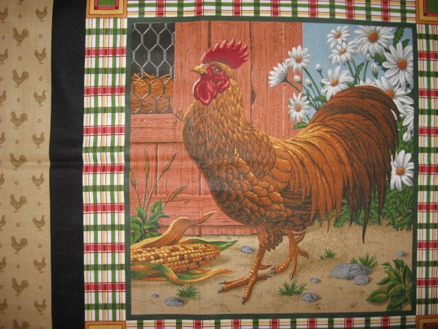 Image 1 of Rooster and Hen + chicks Fabric Pillow Panel One set of two