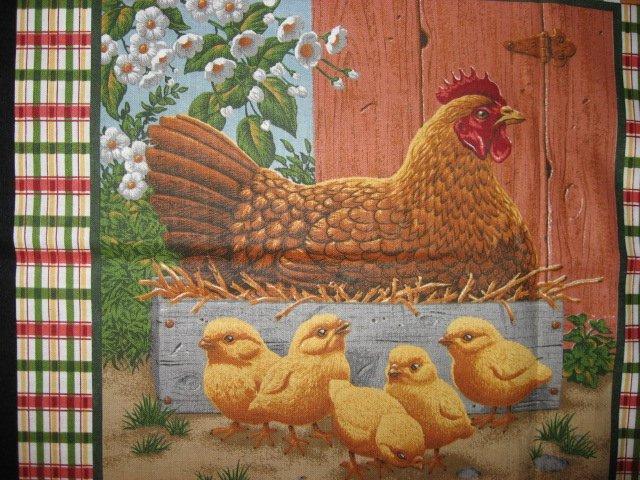 Image 2 of Rooster and Hen + chicks Fabric Pillow Panel One set of two