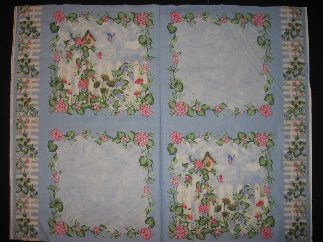 Birdhouse Morning Glory Flowers Fabric Pillow Panel Set of four to sew