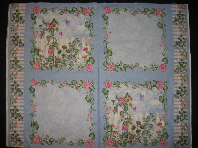 Image 0 of Birdhouse Morning Glory Flowers Fabric Pillow Panel Set of four to sew