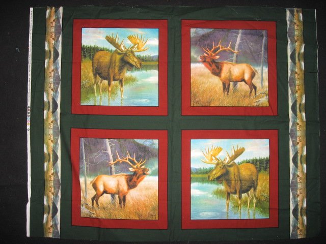 Moose in the river and Elk set of four Fabric pillow panels to sew