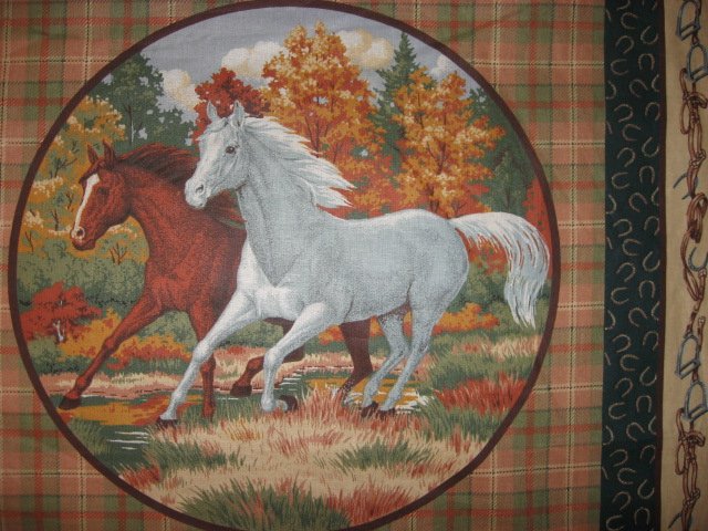 Image 1 of Horses in the Fall woods Fabric pillow panel set of four to sew
