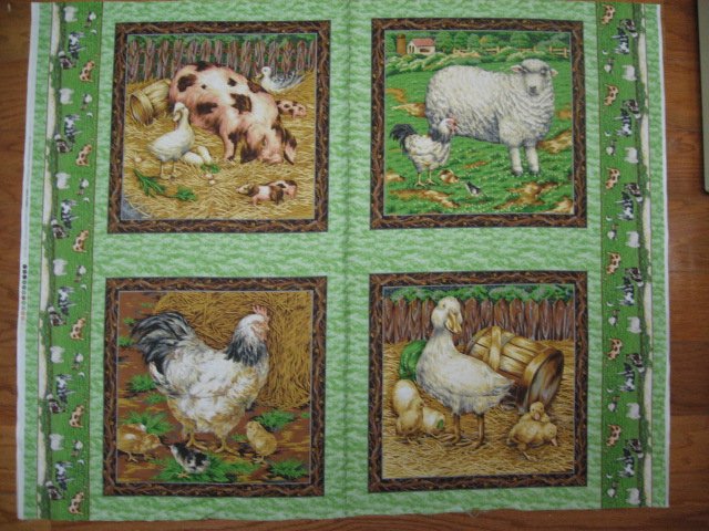 Chicken Pig Duck Sheep Lamb green Fabric Pillow Panel set of four