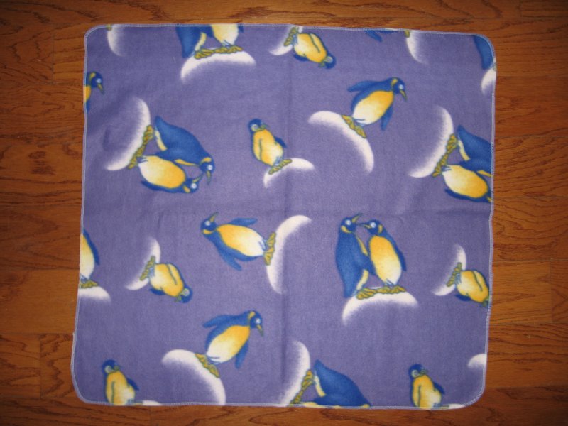 Blue penguin fleece baby blanket Mom Dad on Small Lilac 29X32  Handmade Rare