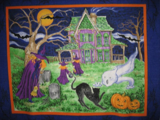 Halloween Haunted house witch ghost cat  spiders Fleece blanket 47X61 wide.