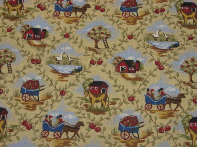 Country Barn Farm Cow Geese Horse Wagon Apples Amish cotton fabric  yard   /